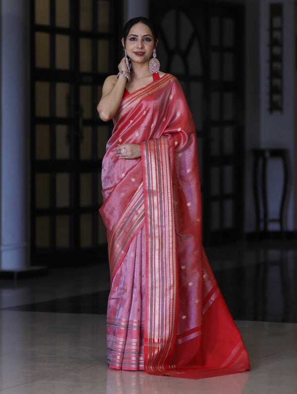 Banarasee Handloom Tissue Saree With Buti Design & Striped Zari Border-Red