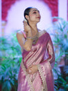 Banarasee Handloom Tissue Saree With Zari Weaving Floral Work & Lace Border-Light Pink