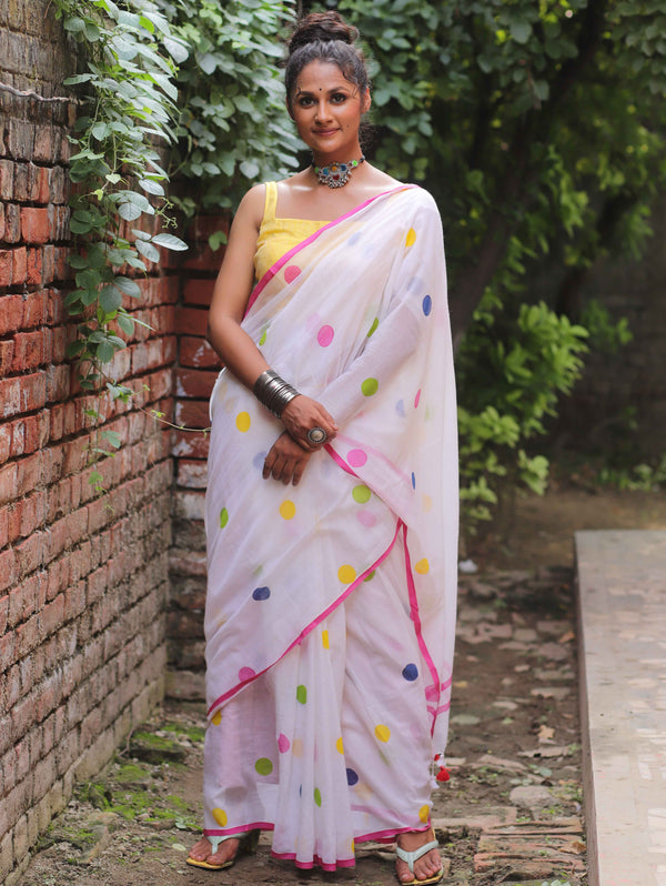 Handloom Mul Cotton Polka Dot Saree-White