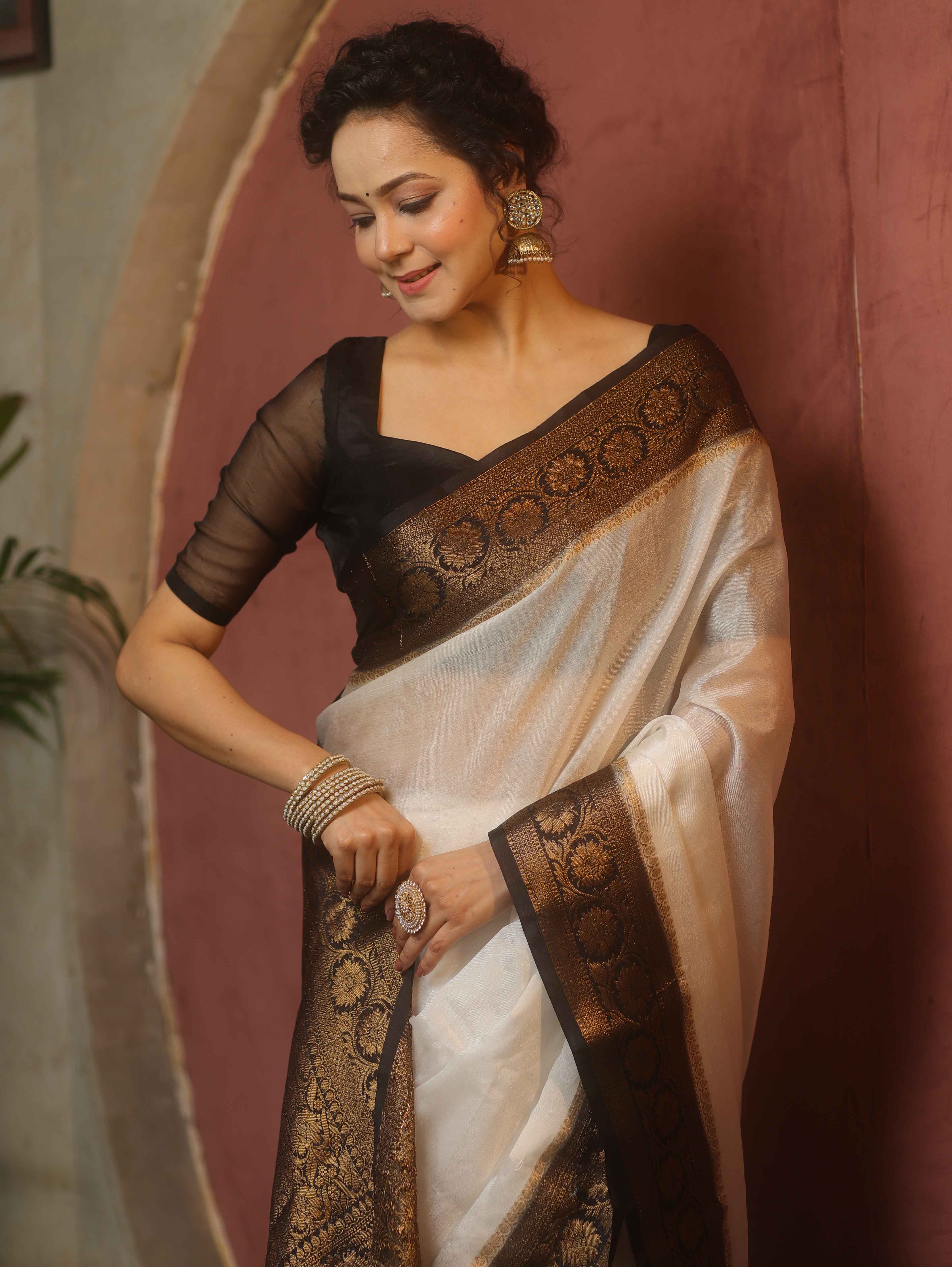 Banarasee Handwoven Semi Silk Plain Saree With Zari Contrast Border-White & Black