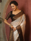 Banarasee Handwoven Semi Silk Plain Saree With Zari Contrast Border-White & Black