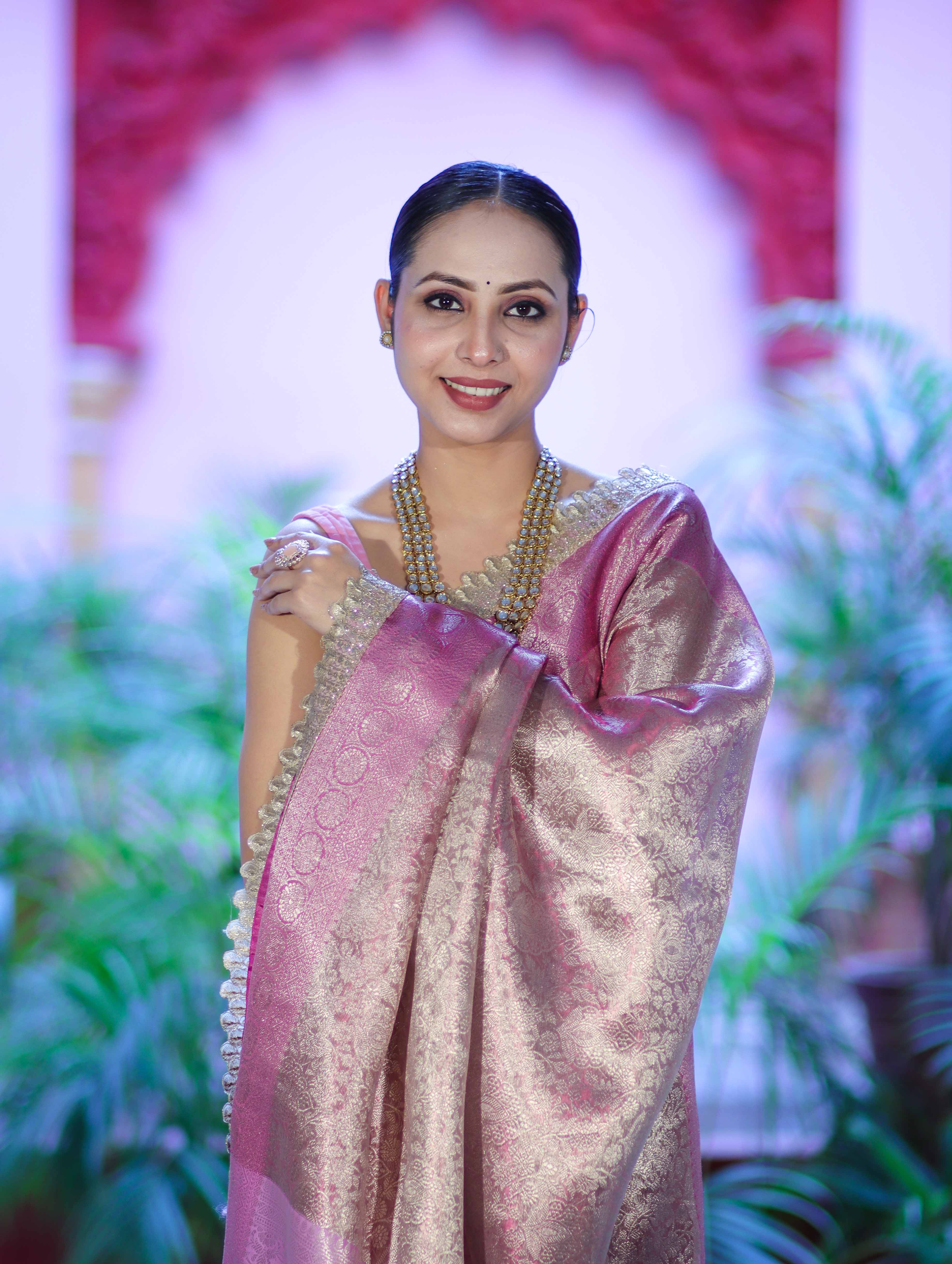 Banarasee Handloom Tissue Saree With Zari Weaving Floral Work & Lace Border-Light Pink