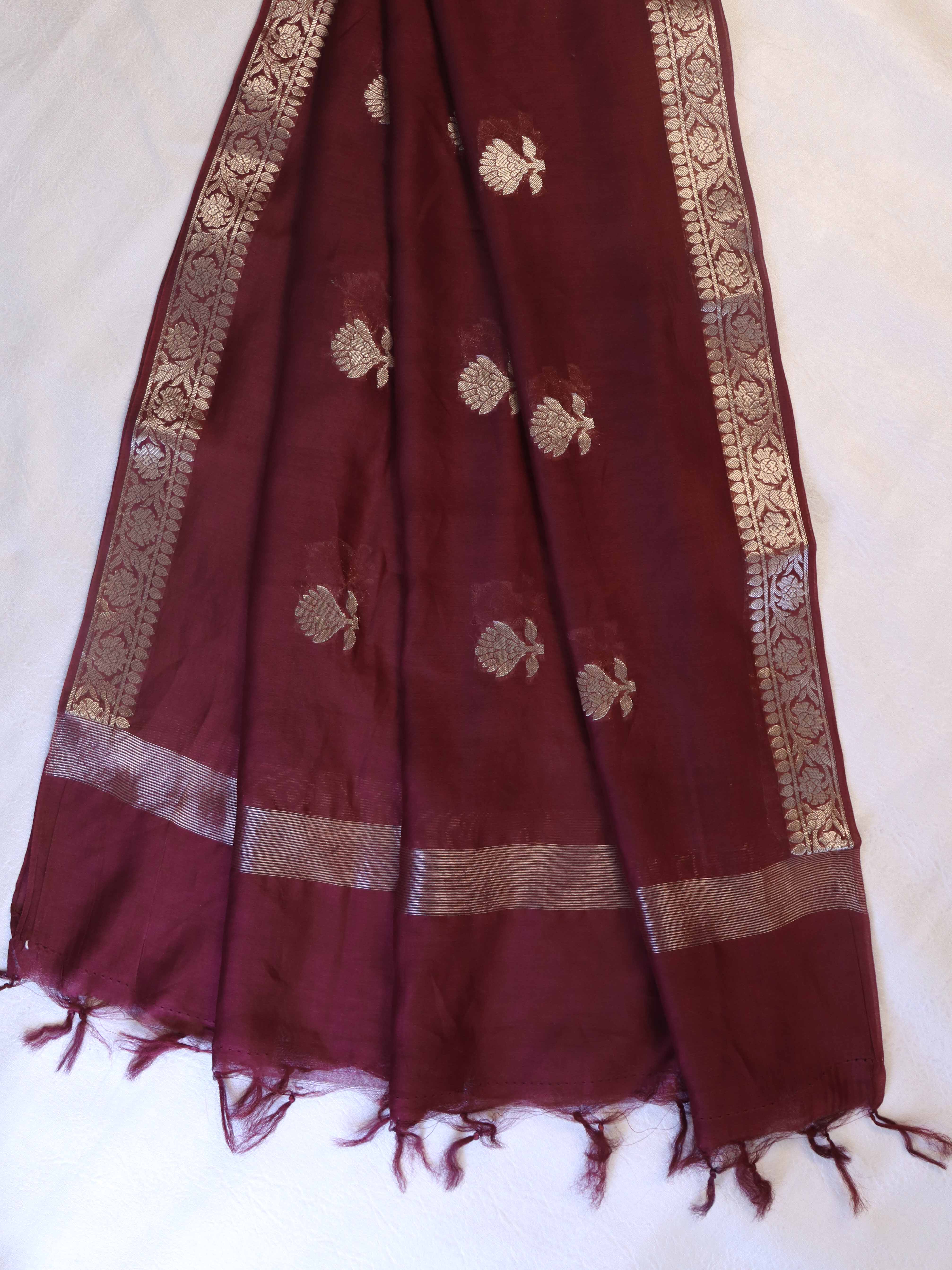 Banarasee Handloom Pure Silk Zari Buti Salwar Kameez Fabric With Dupatta-Onion Pink & Deep Brown
