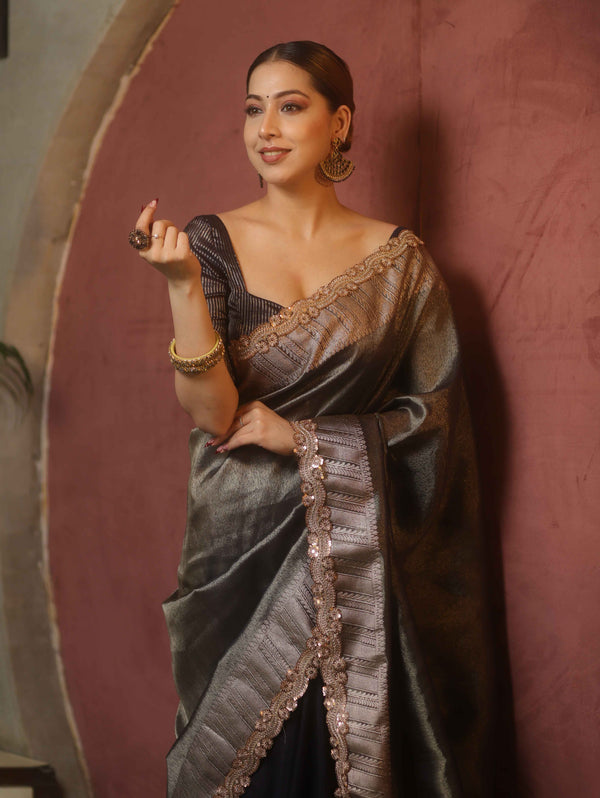 Banarasee Handwoven Plain Tissue Saree With Zari Border & Lace-Blue
