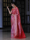Banarasee Handloom Tissue Saree With Buti Design & Striped Zari Border-Red