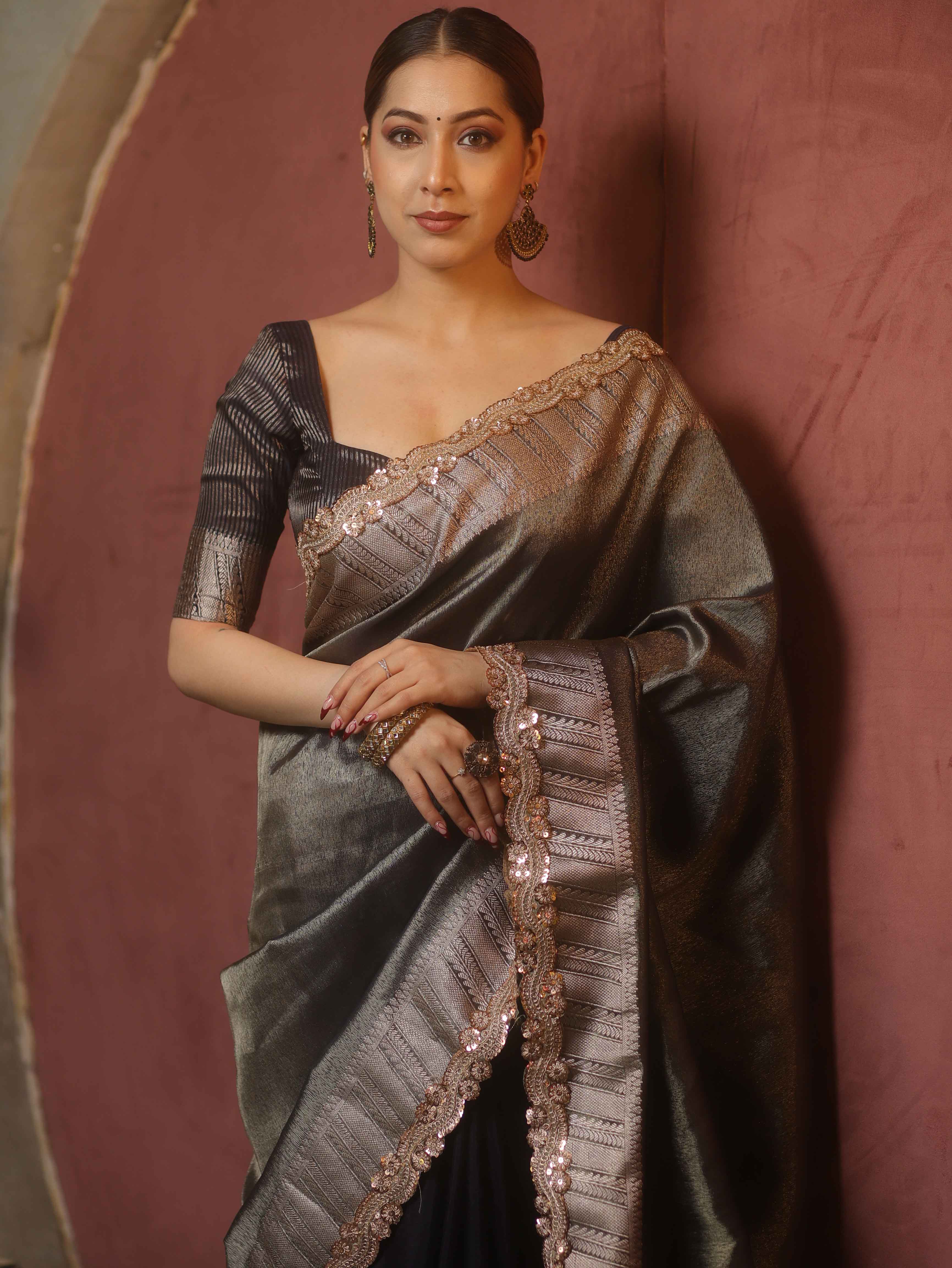Banarasee Handwoven Plain Tissue Saree With Zari Border & Lace-Blue