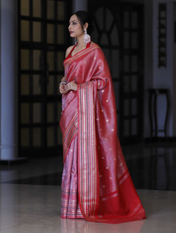 Banarasee Handloom Tissue Saree With Buti Design & Striped Zari Border-Red