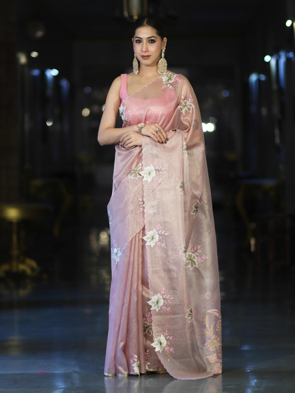 Banarasee Tissue Saree With Resham Embroidery Applique Work Pallu & Scallop Border-Light Pink