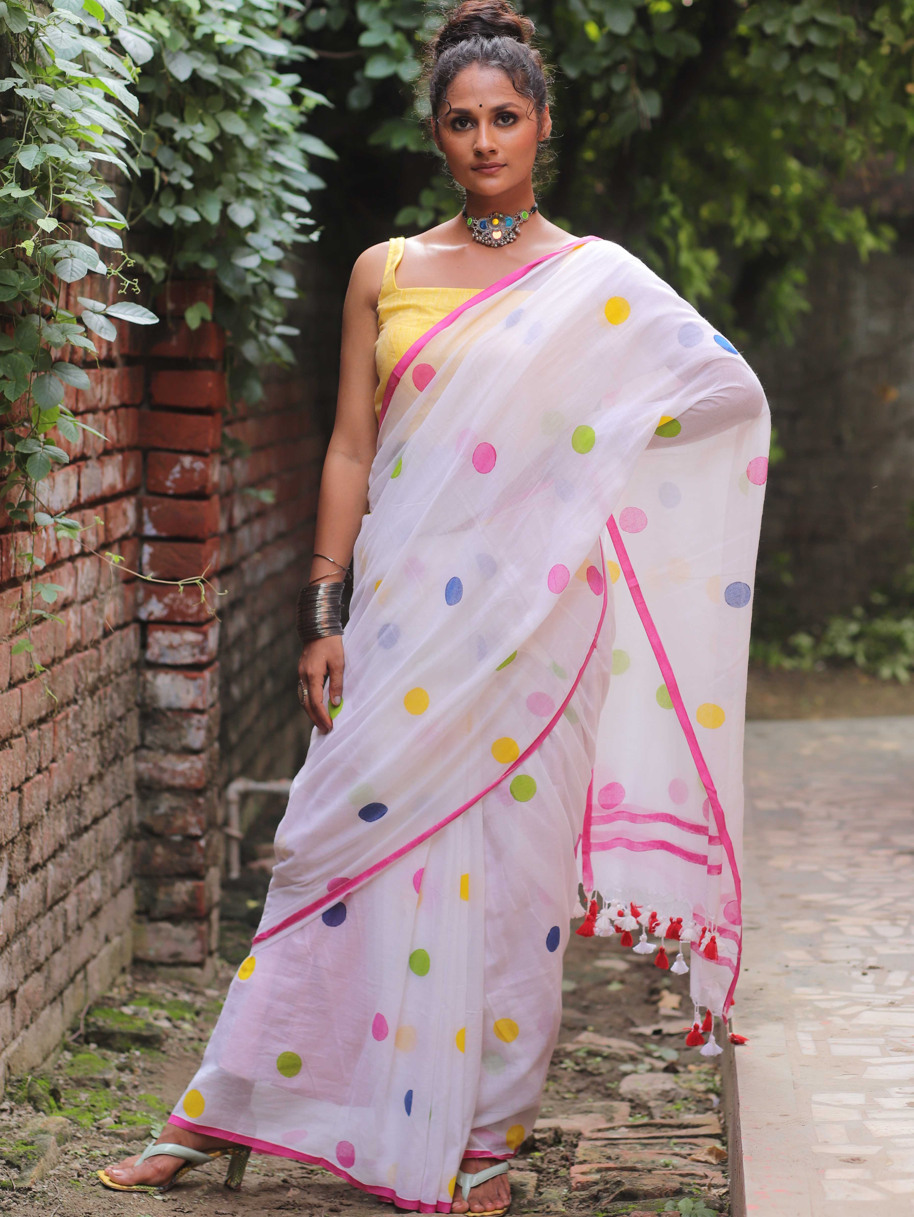 Handloom Mul Cotton Polka Dot Saree-White