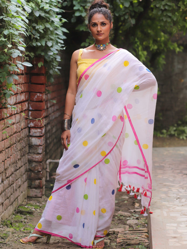Handloom Mul Cotton Polka Dot Saree-White