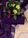 Banarasee Handloom Pure Silk Zari Buti Salwar Kameez Fabric With Dupatta-Beige & Violet