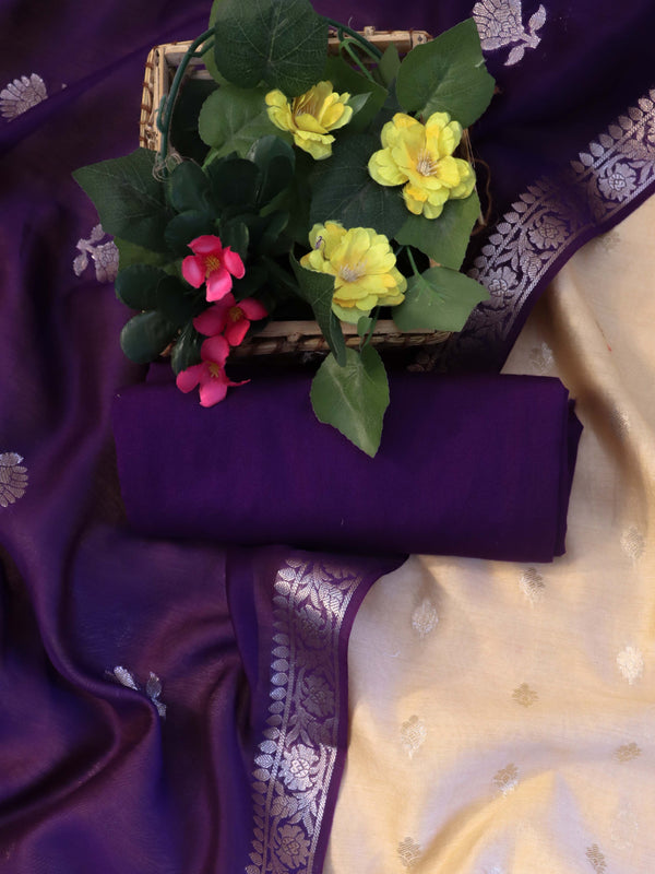 Banarasee Handloom Pure Silk Zari Buti Salwar Kameez Fabric With Dupatta-Beige & Violet