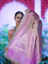 Banarasee Handloom Tissue Saree With Zari Weaving Floral Work & Lace Border-Light Pink