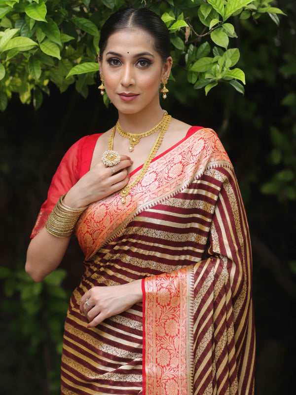 Banarasee Chiffon Floral Zari stripes & Border Saree-Brown & Red