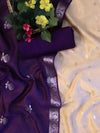 Banarasee Handloom Pure Silk Zari Buti Salwar Kameez Fabric With Dupatta-Beige & Violet