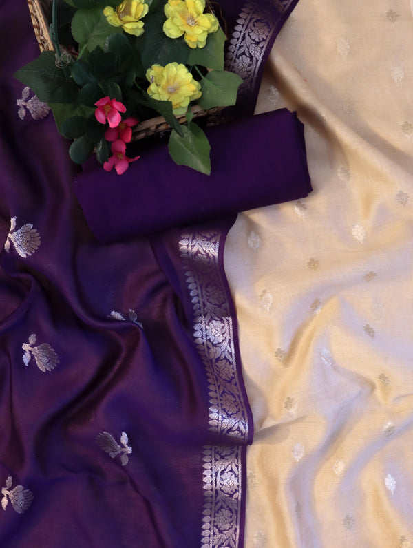 Banarasee Handloom Pure Silk Zari Buti Salwar Kameez Fabric With Dupatta-Beige & Violet