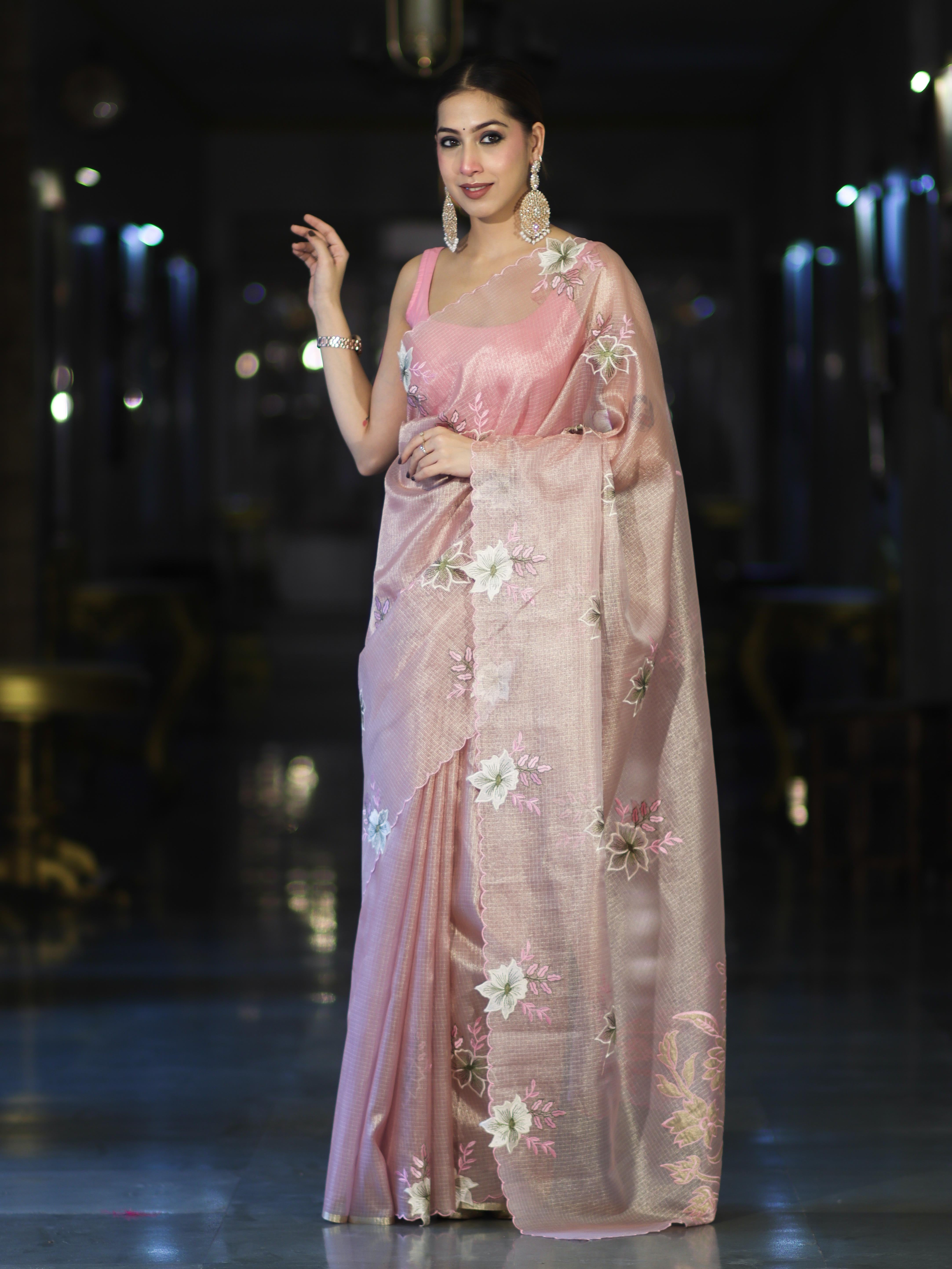 Banarasee Tissue Saree With Resham Embroidery Applique Work Pallu & Scallop Border-Light Pink