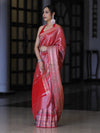 Banarasee Handloom Tissue Saree With Buti Design & Striped Zari Border-Red