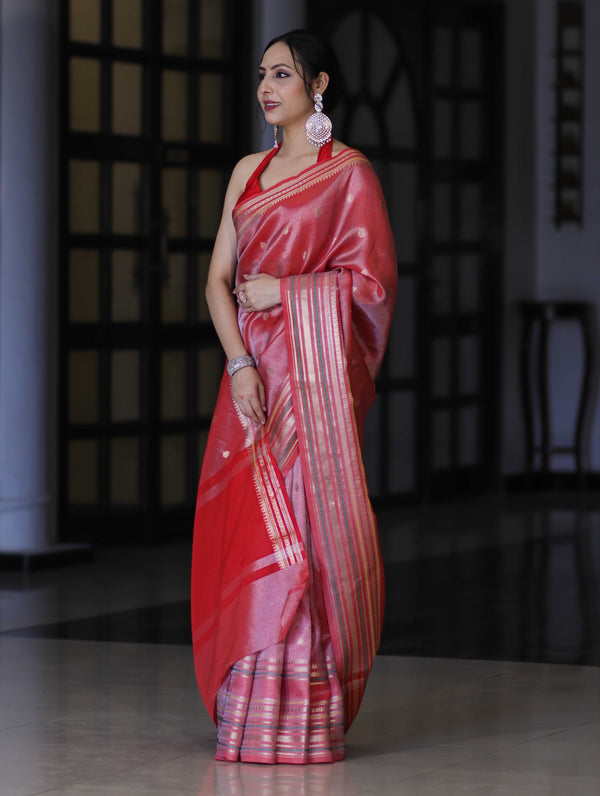 Banarasee Handloom Tissue Saree With Buti Design & Striped Zari Border-Red