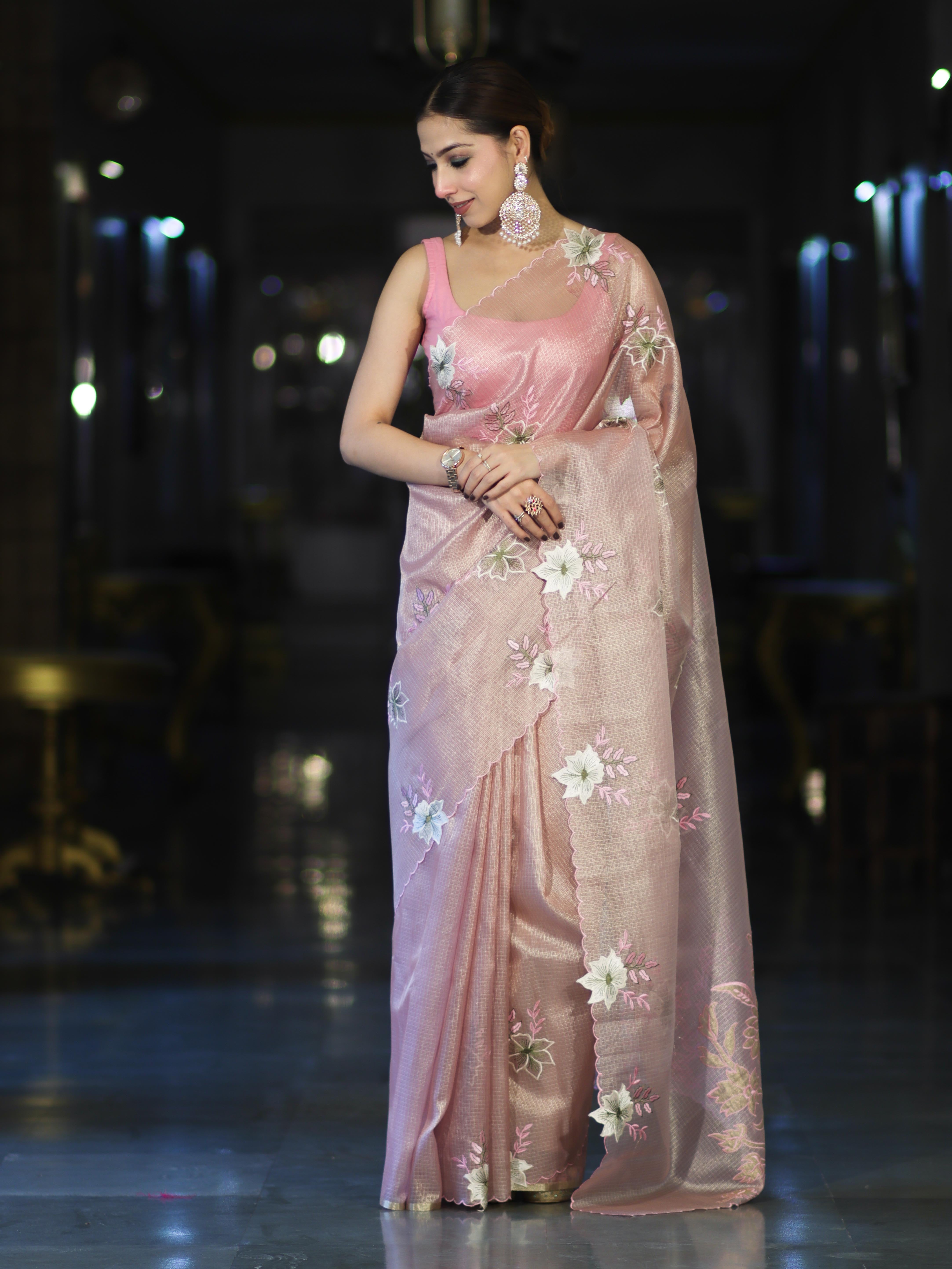 Banarasee Tissue Saree With Resham Embroidery Applique Work Pallu & Scallop Border-Light Pink