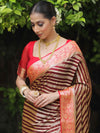 Banarasee Chiffon Floral Zari stripes & Border Saree-Brown & Red