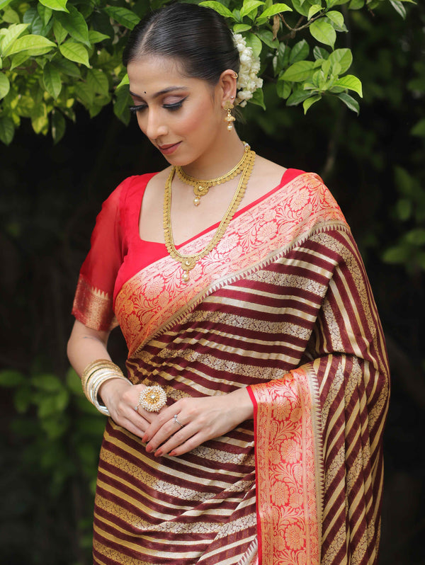 Banarasee Chiffon Floral Zari stripes & Border Saree-Brown & Red