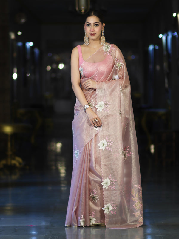 Banarasee Tissue Saree With Resham Embroidery Applique Work Pallu & Scallop Border-Light Pink