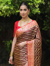 Banarasee Chiffon Floral Zari stripes & Border Saree-Brown & Red