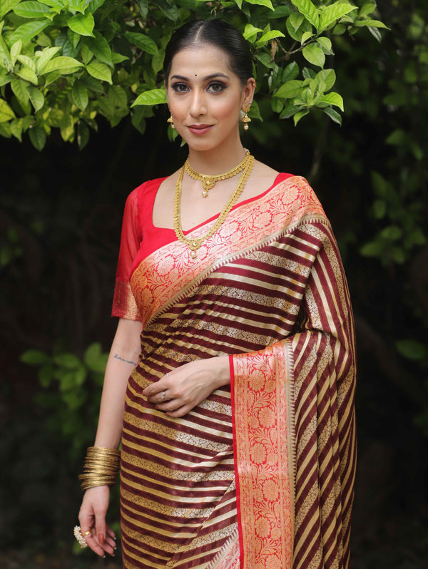 Banarasee Chiffon Floral Zari stripes & Border Saree-Brown & Red