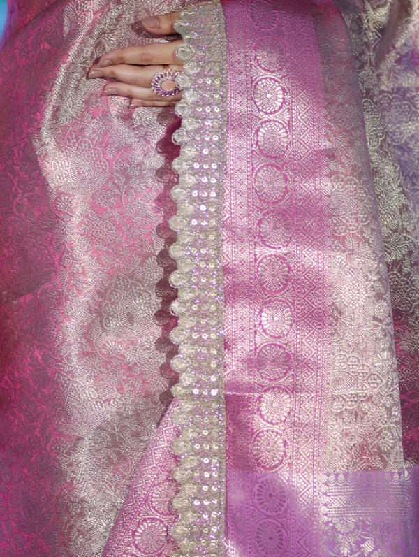 Banarasee Handloom Tissue Saree With Zari Weaving Floral Work & Lace Border-Light Pink