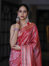 Banarasee Handloom Tissue Saree With Buti Design & Striped Zari Border-Red