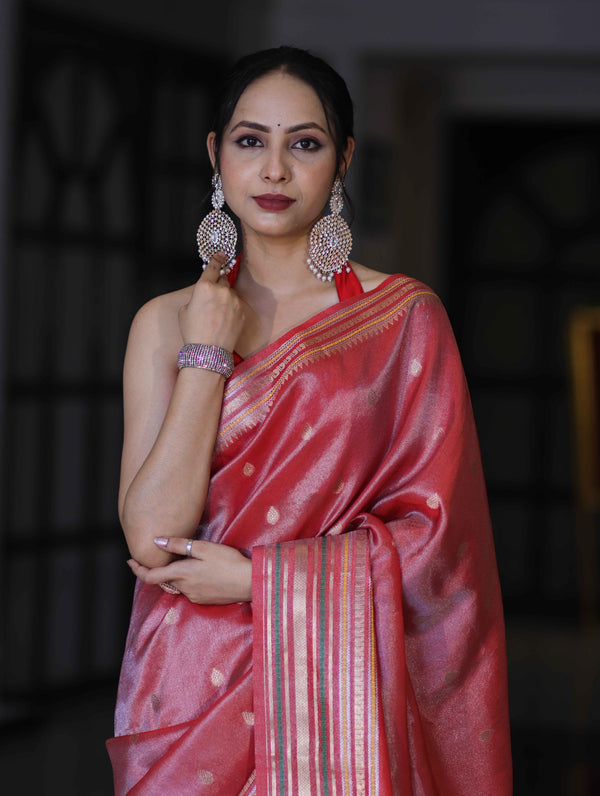 Banarasee Handloom Tissue Saree With Buti Design & Striped Zari Border-Red