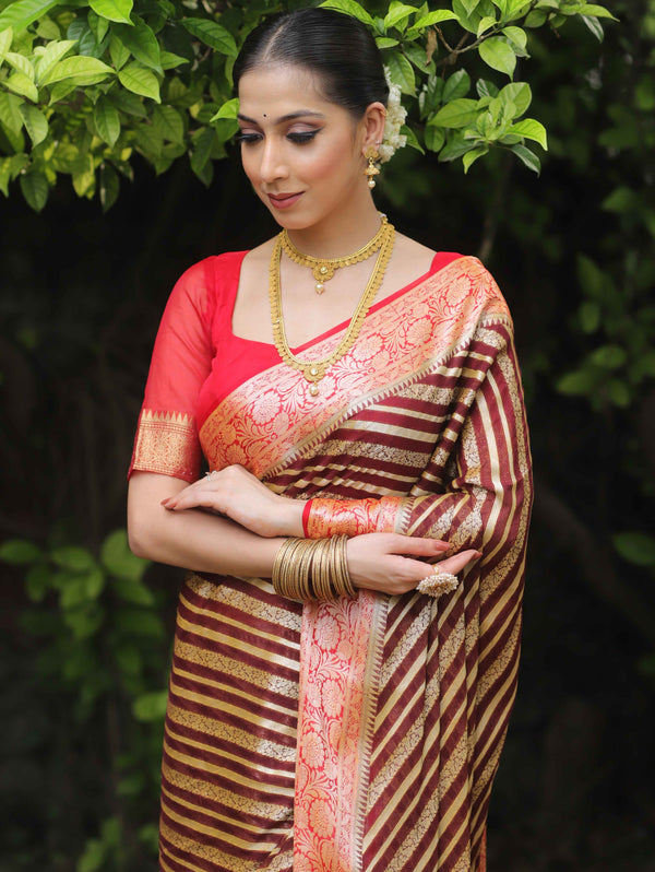 Banarasee Chiffon Floral Zari stripes & Border Saree-Brown & Red