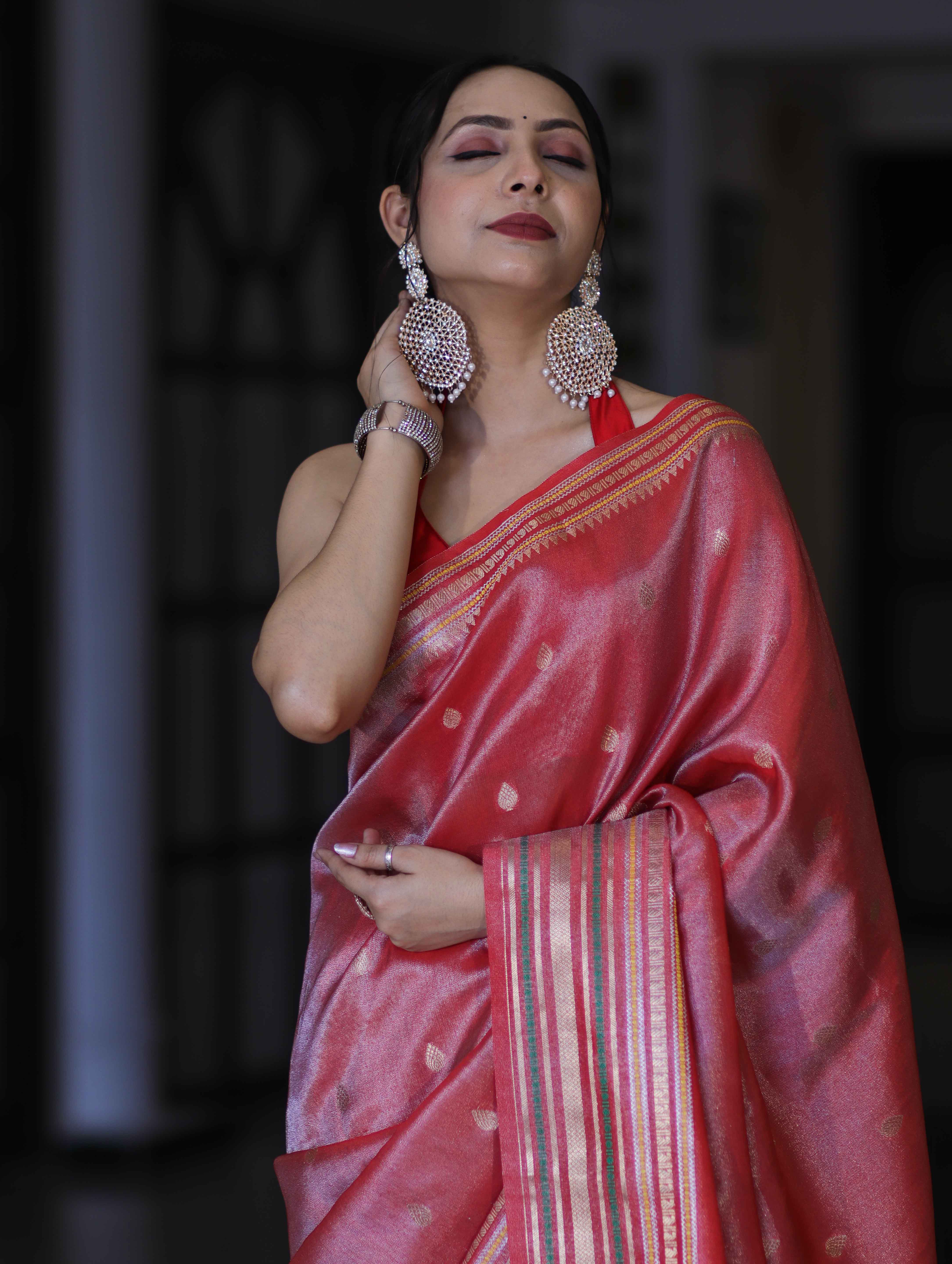 Banarasee Handloom Tissue Saree With Buti Design & Striped Zari Border-Red