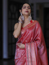 Banarasee Handloom Tissue Saree With Buti Design & Striped Zari Border-Red