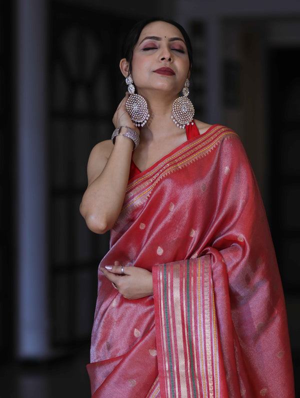 Banarasee Handloom Tissue Saree With Buti Design & Striped Zari Border-Red