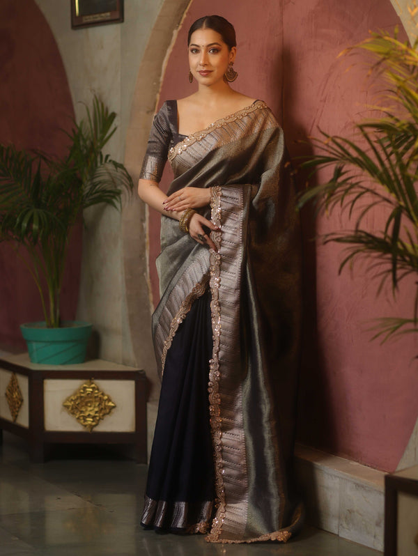 Banarasee Handwoven Plain Tissue Saree With Zari Border & Lace-Blue