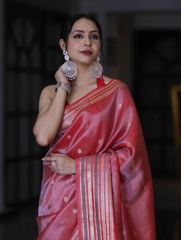 Banarasee Handloom Tissue Saree With Buti Design & Striped Zari Border-Red