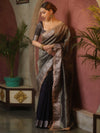 Banarasee Handwoven Plain Tissue Saree With Zari Border & Lace-Blue