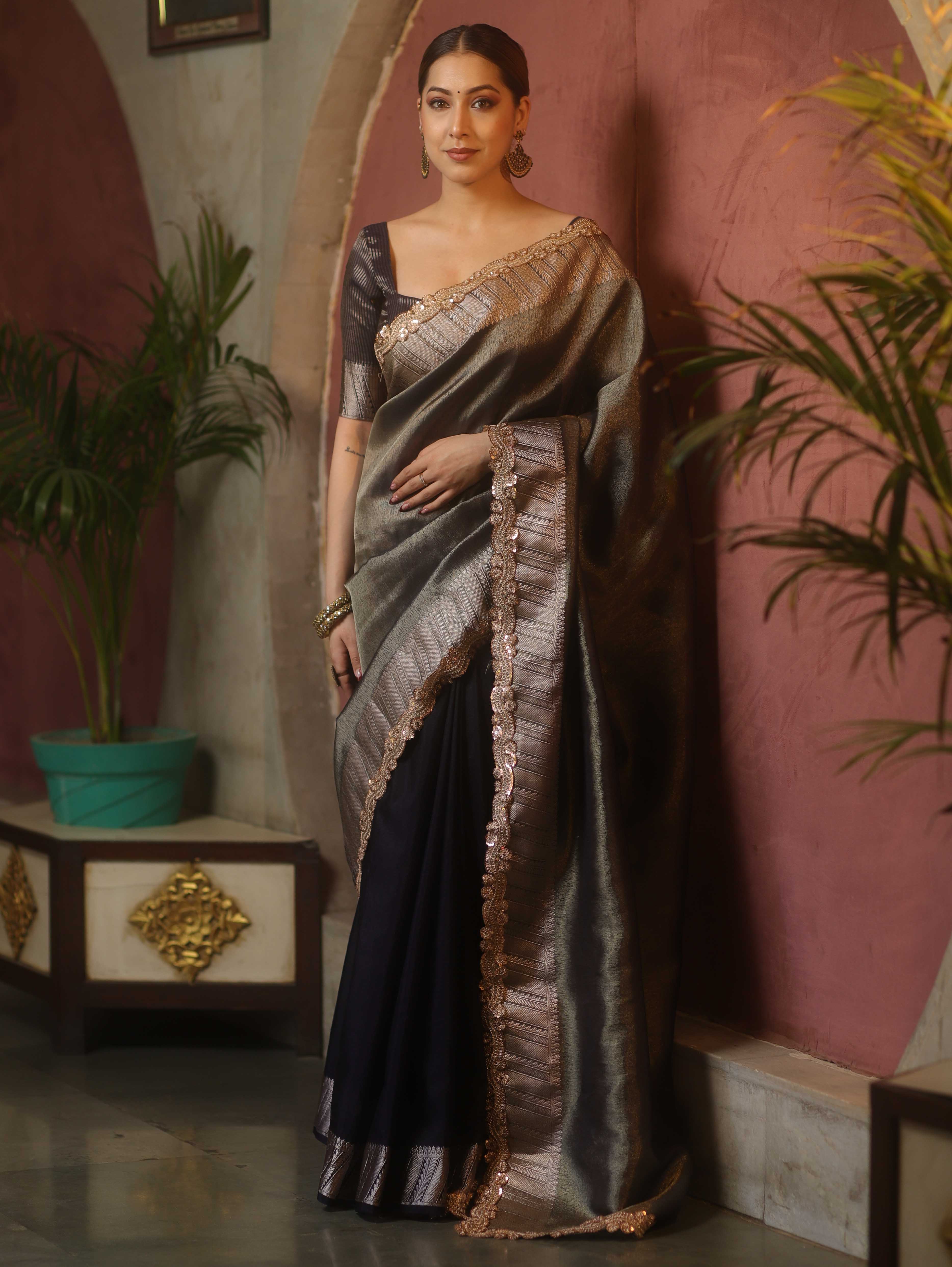 Banarasee Handwoven Plain Tissue Saree With Zari Border & Lace-Blue