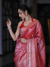 Banarasee Handloom Tissue Saree With Buti Design & Striped Zari Border-Red