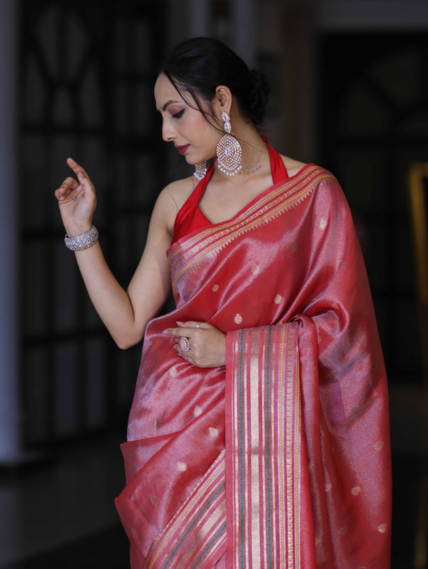 Banarasee Handloom Tissue Saree With Buti Design & Striped Zari Border-Red
