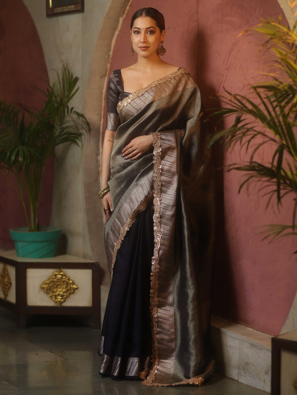 Banarasee Handwoven Plain Tissue Saree With Zari Border & Lace-Blue