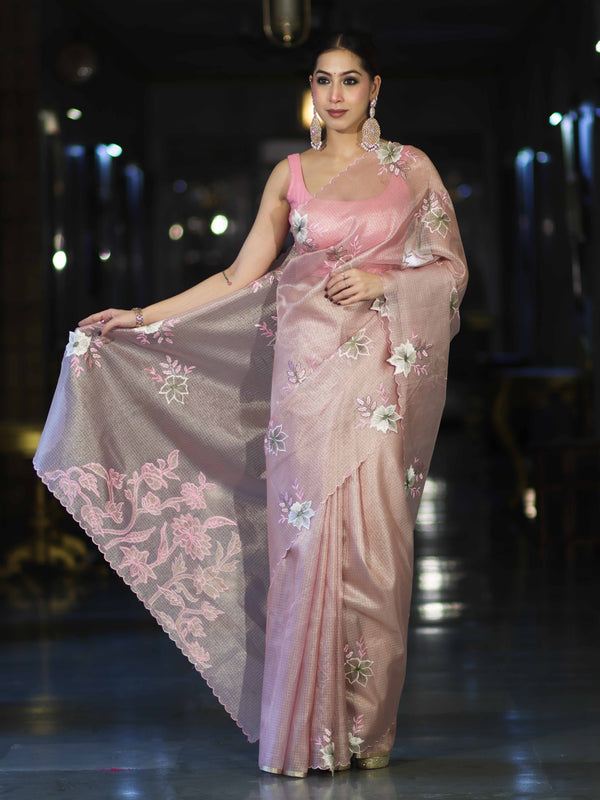 Banarasee Tissue Saree With Resham Embroidery Applique Work Pallu & Scallop Border-Light Pink