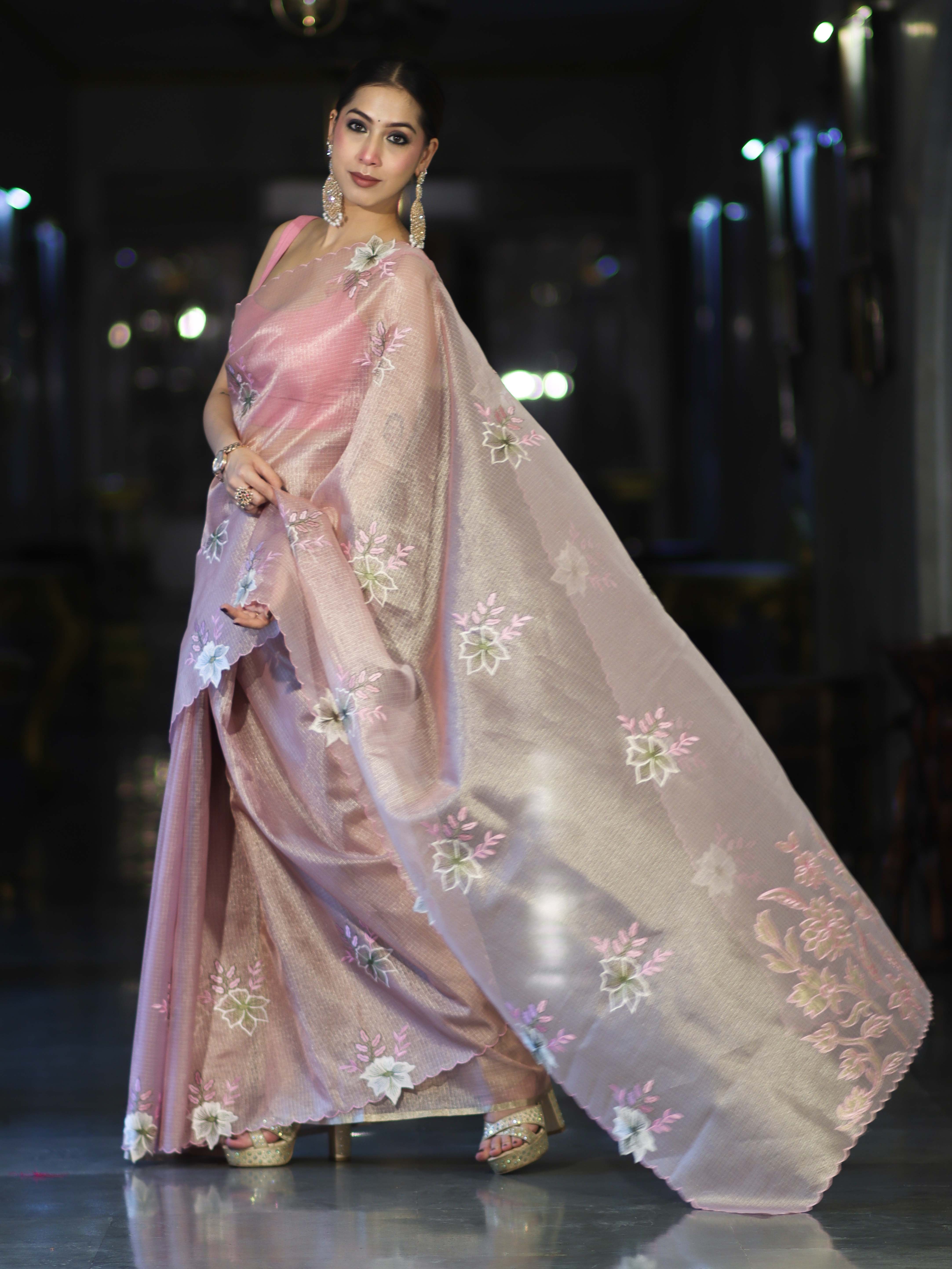 Banarasee Tissue Saree With Resham Embroidery Applique Work Pallu & Scallop Border-Light Pink