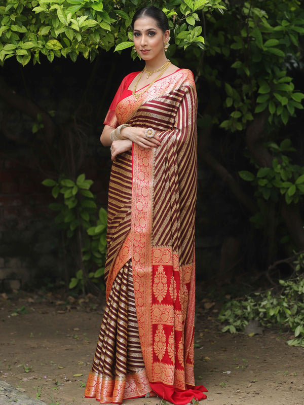 Banarasee Chiffon Floral Zari stripes & Border Saree-Brown & Red