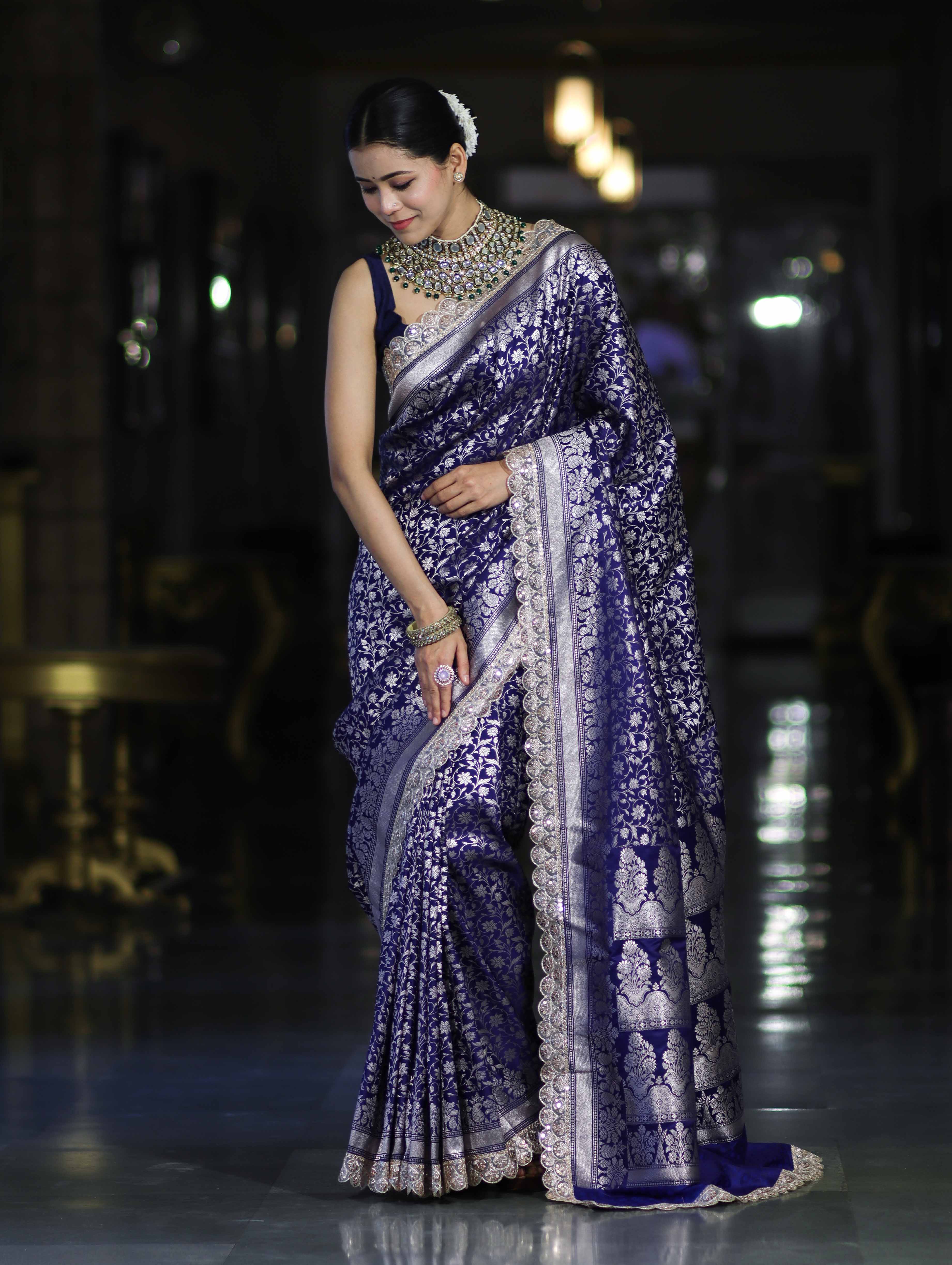 Banarasee Handloom Mashru Silk Saree With Heavy Zari Jaal & Lace Border-Blue