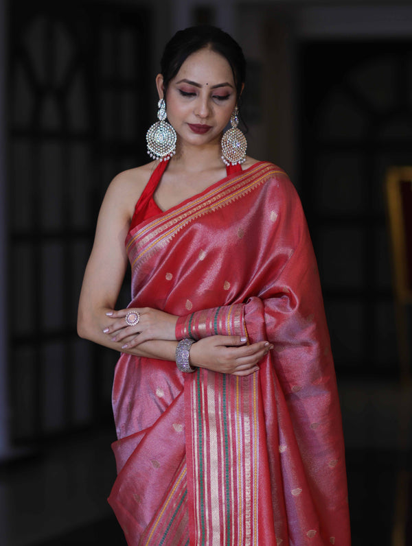 Banarasee Handloom Tissue Saree With Buti Design & Striped Zari Border-Red