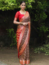 Banarasee Chiffon Floral Zari stripes & Border Saree-Brown & Red