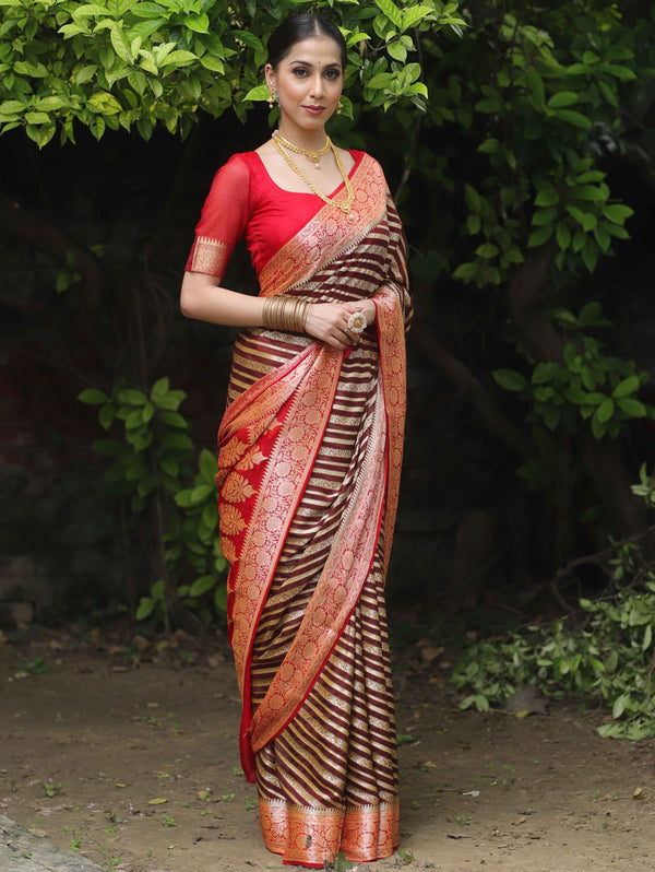 Banarasee Chiffon Floral Zari stripes & Border Saree-Brown & Red